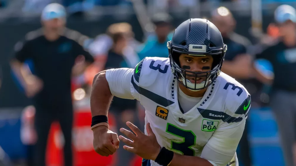 Russell WILSON (3) plays against the Carolina Panthers at Bank Of America Stadium in Charlotte^ NC.