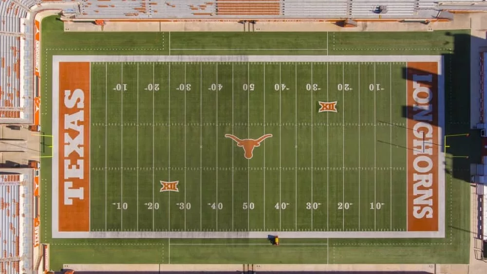 Aerial view of Darrell K Royal–Texas Memorial Stadium in University of Texas at Austin in Austin^ Texas^ USA. It is the home to the Longhorns football team since 1924. AUSTIN^ TX^ USA - DEC. 13^ 2018