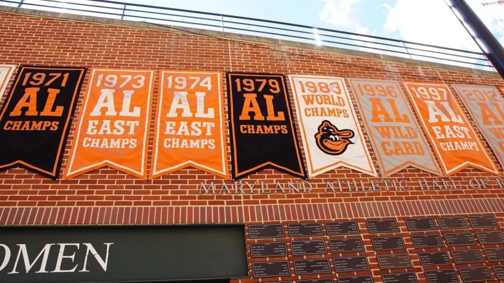 Championship banners on display at Oriole Park at Camden Yards Baltimore^ Maryland^ USA - August 18^ 2022