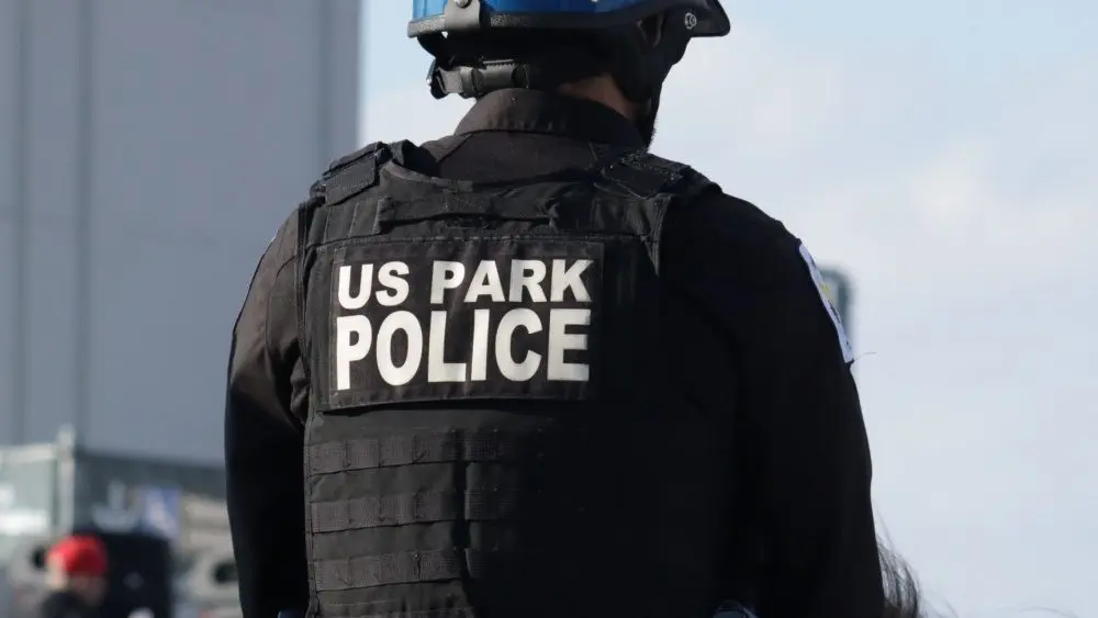 United States Park Police with blue helmet on horseback at the Lincoln Memorial. Washington D.C.^ USA - February 11^ 2026