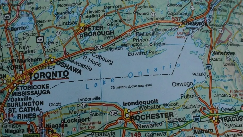 Close up of the Canada on a map with Lake Ontario in sharp focus. Lake Ontario on a map. Lake Ontario map