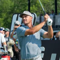 Bryson DeChambeau watches his shot during the LIV Golf Tournament held at the Trump National Golf Club in Bedminster^NJ. BEDMINSTER^NJ-AUGUST 12^ 2023