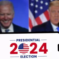 Donald Trump vs Joe Biden. The 2024 American presidential election concept^ with Donald Trump and Joe Biden in the background.