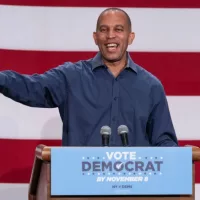 Representative Hakeem Jeffries speaks during election campaign rally for Governor Kathy Hochul at BKLYN Studios in New York on November 5^ 2022.