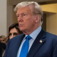 Donald Trump speaks to press before the start of civil fraud trial brought by NYS Attorney General Letitia James at NYS court in New York on October 2^ 2023