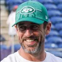 New York Jets quarterback Aaron Rodgers (8) before the 2023 Pro Hall of Fame Game against the Cleveland Browns on August 3^ 2023 at Tom Benson Hall of Fame Stadium.