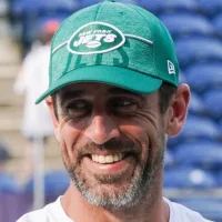 New York Jets quarterback Aaron Rodgers (8) before the 2023 Pro Hall of Fame Game against the Cleveland Browns on August 3^ 2023 at Tom Benson Hall of Fame Stadium.