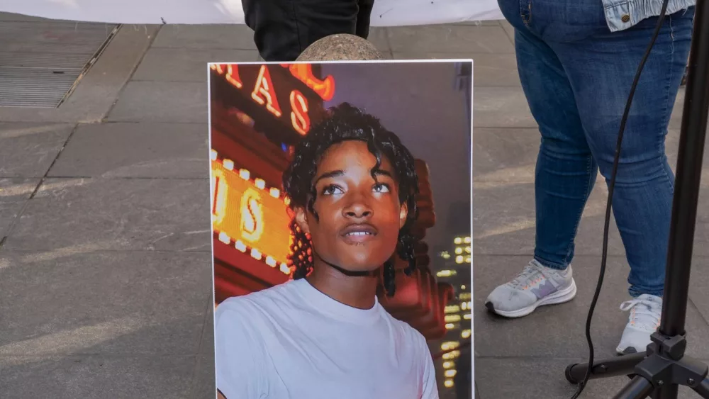 Protesters gather for a "Justice for Jordan Neely" rally calling for the man who used the chokehold on Neely to be apprehended in Washington Square Park on May 05^ 2023 in New York City.