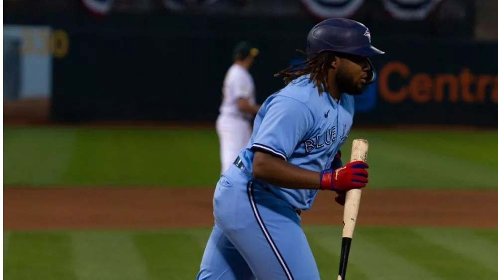 Toronto Blue Jays infielder Vladimir Guerrero Jr. bats against the Oakland Athletics at the Oakland Coliseum. Oakland^ California - July 5^ 2022