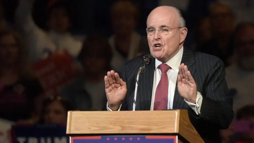 Rudy Giuliani speaks during a rally for Donald Trump on Oct. 10^ 2016^ at Mohegan Sun Arena in Wilkes-Barre^ Pennsylvania. WILKES-BARRE^ PENNSYLVANIA/USA – OCTOBER 10^ 2016