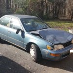 95 Toyota Corolla. Most of the paint is faded off. Headliner is gone. I hit a deer and I’m not even planning on fixing it.