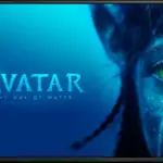 TV on black textured wall playing 'Avatar: The Way of Water' movie. Moscow^ Russia - November 3^ 2022.