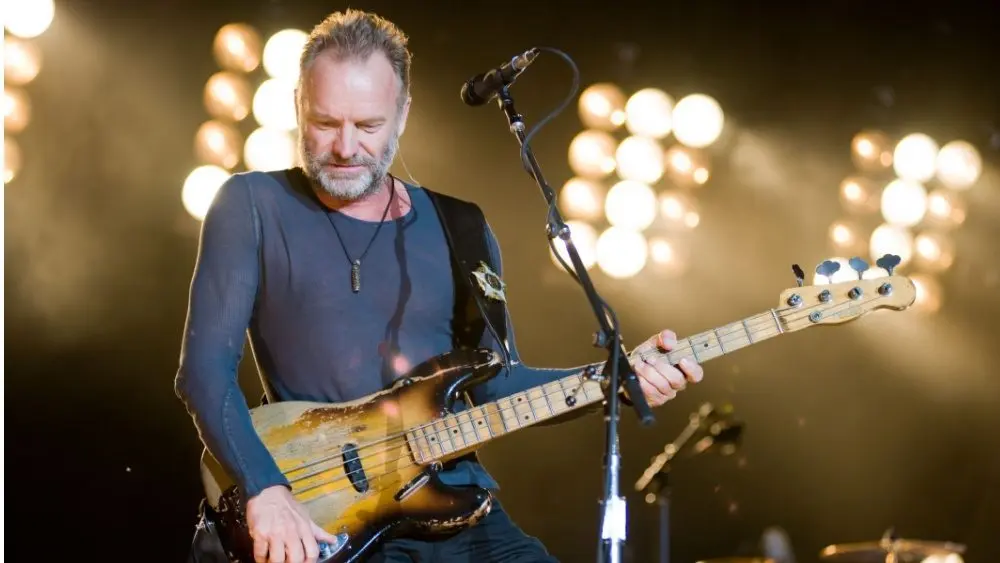 Sting performs on-stage at the Sleep Train Amphitheater in Marysville^ CA with The Police in their North American Reunion Tour Sacramento^ CA - July 17^ 2008