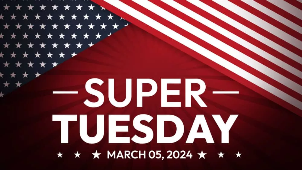 Super Tuesday 2024 presidential election backdrop concept with American flag and typography under it.