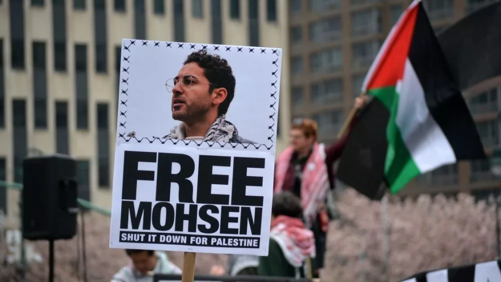 Rally for student activist Mohsen Mahdawi following his arrest by ICE agents across from the ICE Manhattan headquarters. NEW YORK^ NEW YORK USA - April 15^ 2025