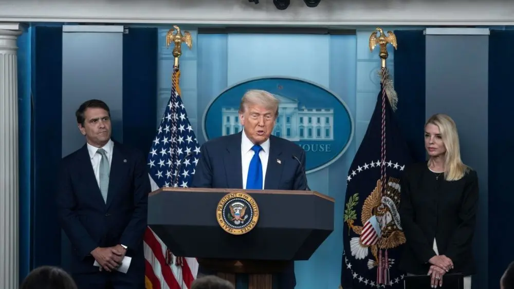 President Donald Trump as a press briefing in the White House press briefing room with at Pam Bondi United States Attorney General in Washington DC jun 27th 2025
