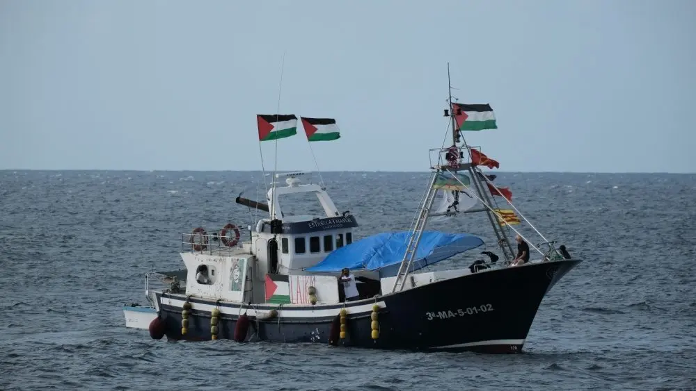 The Global Sumud Flotilla departs from the harbor heading to Gaza leading vessel of the flotilla. Portopalo di Capo Passero^ Sicily^ Italy^ 19 September 2025