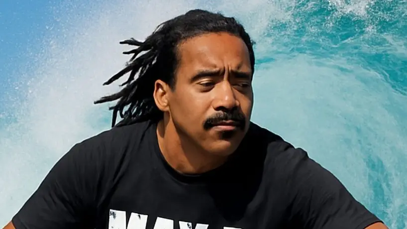 Rapper MAX B riding on an ocean wave This content was generated by an Artificial Intelligence (AI) system.