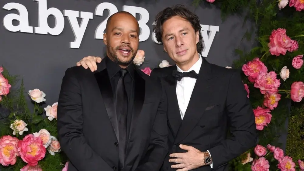 Donald Faison and Zach Braff arrives for Baby2Baby Annual Gala on November 12^ 2022 in West Hollywood^ CA