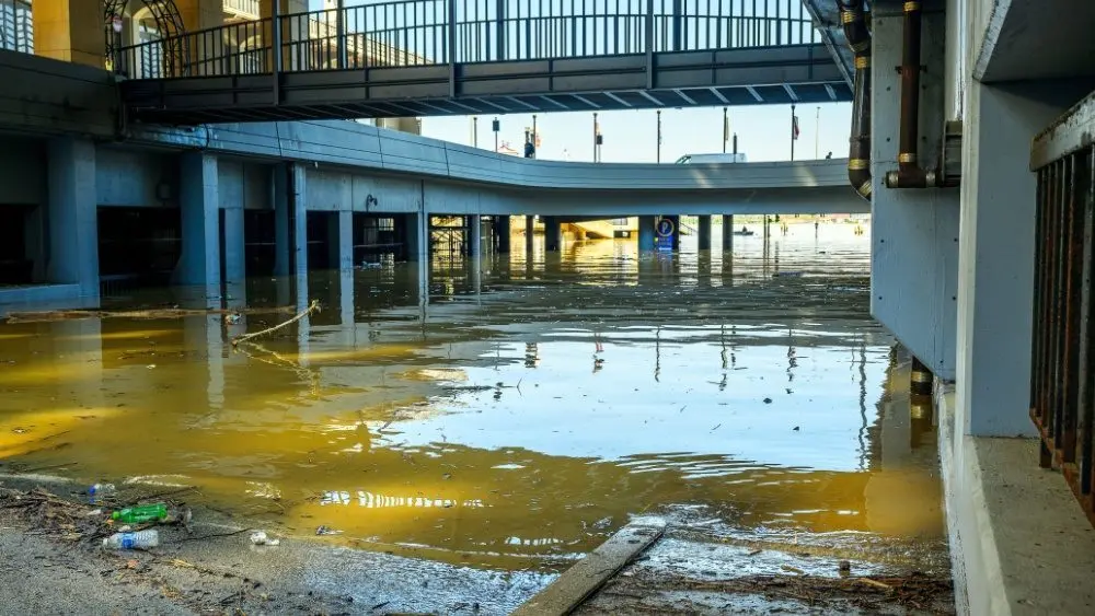 Louisville^ Kentucky^ United States - April 10 2025: Fourth Street at the Belvedere^ Louisville Spring Flood 2025.