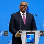 US Defense Secretary Lloyd Austin at conference of NATO Defence ministers at the NATO headquarters in Brussels on February 15^ 2023.