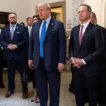 Former President Donald Trump speaks to press before the start of civil fraud trial at NYS court in New York on October 2^ 2023