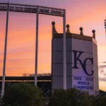 logo/crown of MLB team Kansas City Royals at Kauffman Stadium^ home of the Royals. July 14^ 2023.