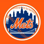 New York Mets logo^ Major League Baseball National League East Division^ with orange background