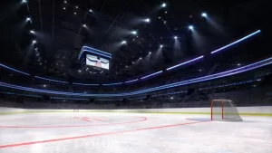 empty ice hockey arena inside view illuminated by spotlights^ hockey and skating stadium indoor 3D render illustration background
