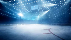 hockey stadium with fans crowd and an empty ice rink