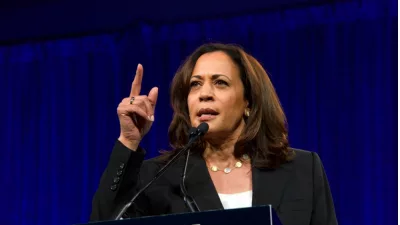 Presidential candidate Kamala Harris speaking at the Democratic National Convention summer session in San Francisco^ California.