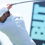 Jon Rahm waits on the 3rd tee during the second round of LIV Golf Miami on April 6^ 2024 at Trump National Doral.