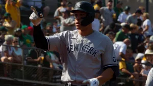 Aaron Judge #99 of the New York Yankees celebrates after hitting a home run against the Oakland Athletics at RingCentral Coliseum. Oakland^ California - August 28^ 2021