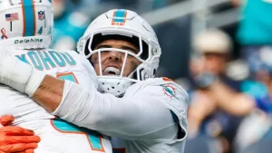 Miami Dolphins CB Jalen Ramsey (5) after an interception against the Los Angeles Chargers during an NFL football game^ Sept. 10^ 2023^ in Inglewood^ Calif.