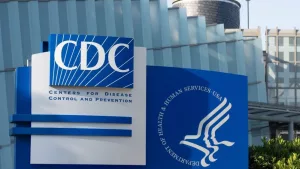 Closeup of the CDC logo seen at the Edward R. Roybal campus^ the headquarters of the Centers for Disease Control and Prevention (CDC) in Atlanta^ Georgia. Atlanta^ GA^ USA - June 15^ 2022