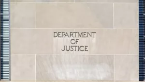 Sign of United States Department of Justice(DOJ) outside their headquarters building in Washington^ D.C. USA. Washington D.C.^ USA - march 1^ 2020