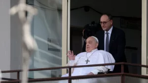 Pope Francis appears at the Gemelli Polyclinic in Rome for the Angelus blessing after a month of hospitalization for bilateral pneumonia. Rome^ Italy 23.03.2025