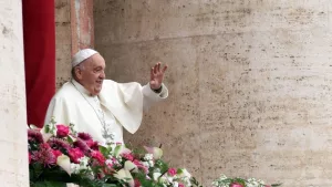 Pope Francis gives the blessing Urbi et orbi from the central balcony of the Basilica of San Pietro in the Vatican^ after celebrating the Easter Mass of the week Vatican City^ Italy 31.03.2024