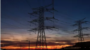 Overhead power lines at sunset in Spain