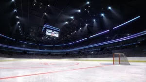 empty ice hockey arena inside playground view illuminated by spotlights^ hockey and skating stadium indoor 3D render illustration background^ my own design