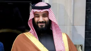 Saudi Crown Prince Mohammed bin Salman poses on the steps of number 10 Downing Street on March 7^ 2018 in London^ England. London^ United Kingdom - March 7^ 2018