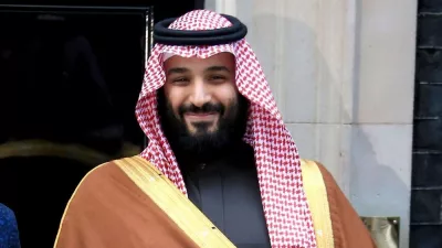 Saudi Crown Prince Mohammed bin Salman poses on the steps of number 10 Downing Street on March 7^ 2018 in London^ England. London^ United Kingdom - March 7^ 2018