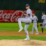 Cleveland Guardians pitcher Shane Bieber pitches against the Oakland Athletics on Opening Day at the Oakland Coliseum. Oakland^ California - March 28^ 2024