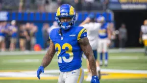 Los Angeles Rams running back Kyren Williams #23 warms up prior to an NFL football game against the Green Bay Packers at SoFi Stadium^ Sunday^ Oct. 6^ 2024^ in Inglewood^ Calif.