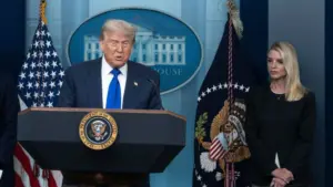 President Donald J Trump at the White House press briefing room with Attorney General Pam Bondi. Washington DC Jun 27th 2025