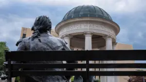 The George Washington University Foggy Bottom Campus is seen in Washington^ DC^ on May 23^ 2025. The University has been a part of the Foggy Bottom neighborhood since 1912.