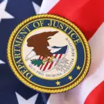 US Department of Justice seal on United States of America flag close up