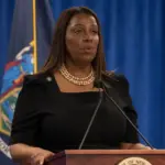 New York State Attorney General Letitia James delivers remarks on landmark victory in civil fraud trial against Donald Trump and the Trump Organization at 28 Liberty Street in New York on Feb 16^ 2024