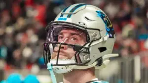 Carolina Panthers wide receiver Adam Thielen (19) on the sidelines against the Atlanta Falcons on January 5^ 2025 at Mercedes-Benz Stadium.