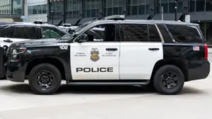 Minneapolis Police car in downtown Minneapolis^ Minnesota^ MN USA^ May 5^ 2023.